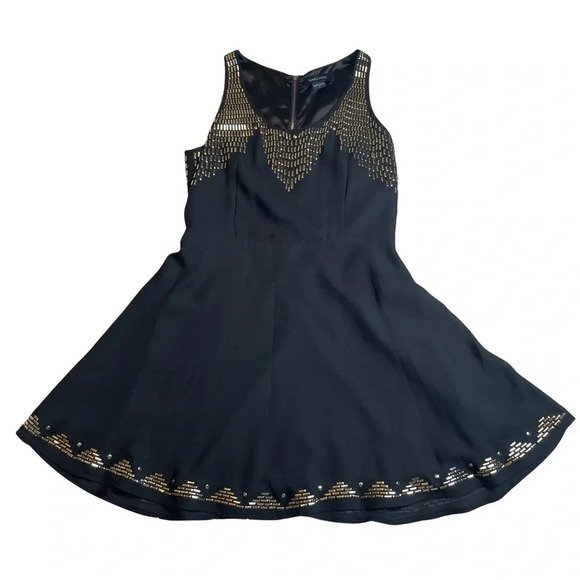 Marciano Black Mini Fit & Flare Dress with Gold Detail - Size 8 - Picture 2 of 5